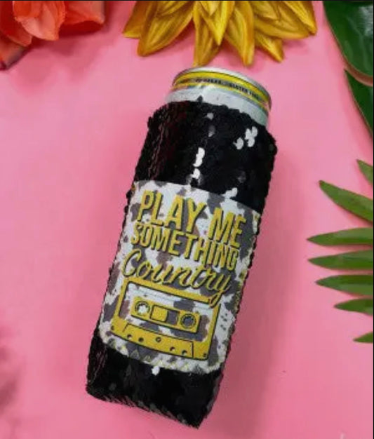 Play Me Something Country Black Sequin Slim Can Cooler