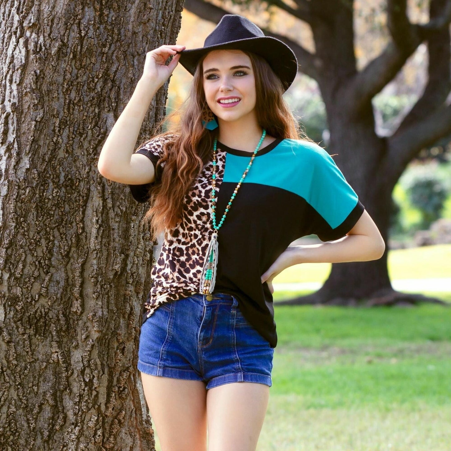 Cheetah/Turquoise Color Block Top